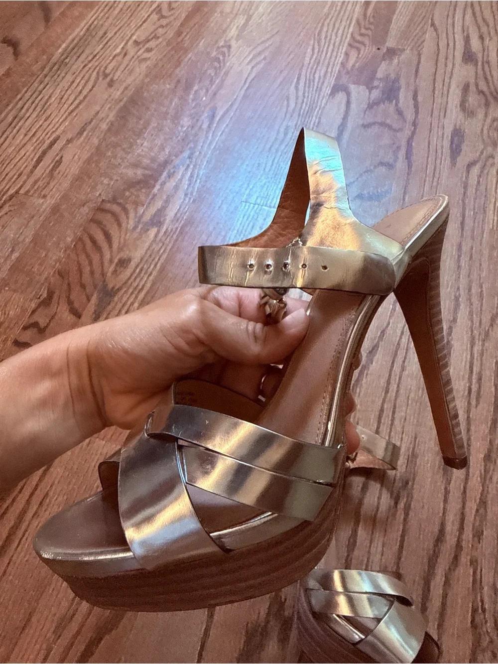 Coach Dani Mirror Metallic Gold Leather Strappy Heels Size 7